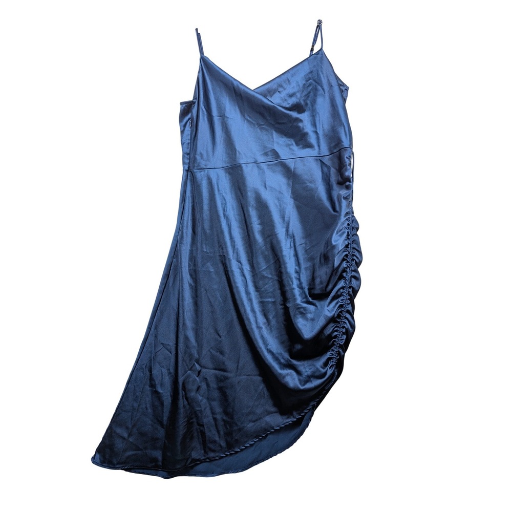 Fashion Nova Navy Blue Satin Cowl‎ Neck Ruched Asymmetrical Midi Dress 1X
